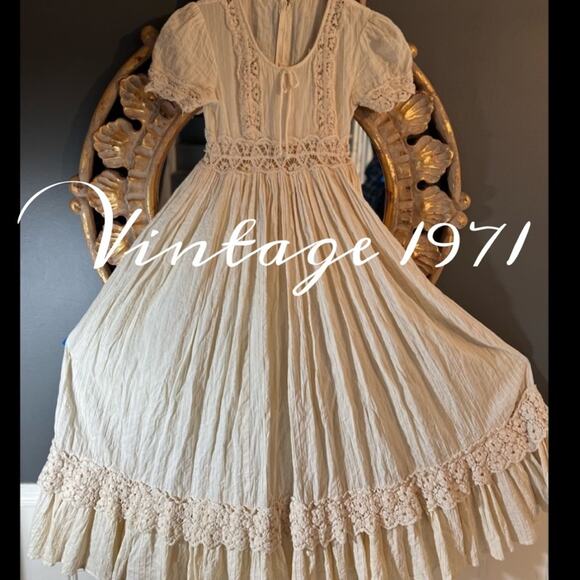 Vintage Dresses & Skirts - Vintage 1970s Crochet Embellished Prairie Country Wedding  Dress SZ S